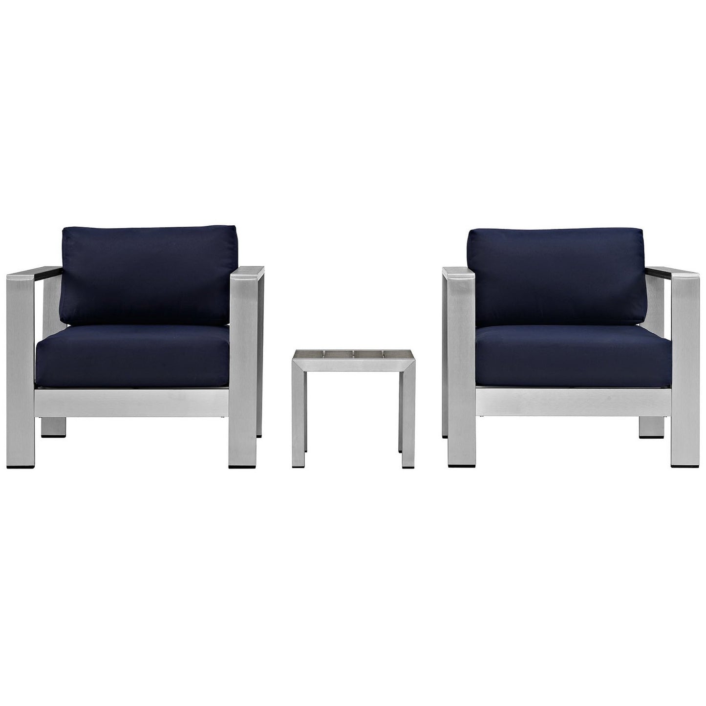 Pair of modern silver metal-frame armchairs & navy cushions with a small square side table.