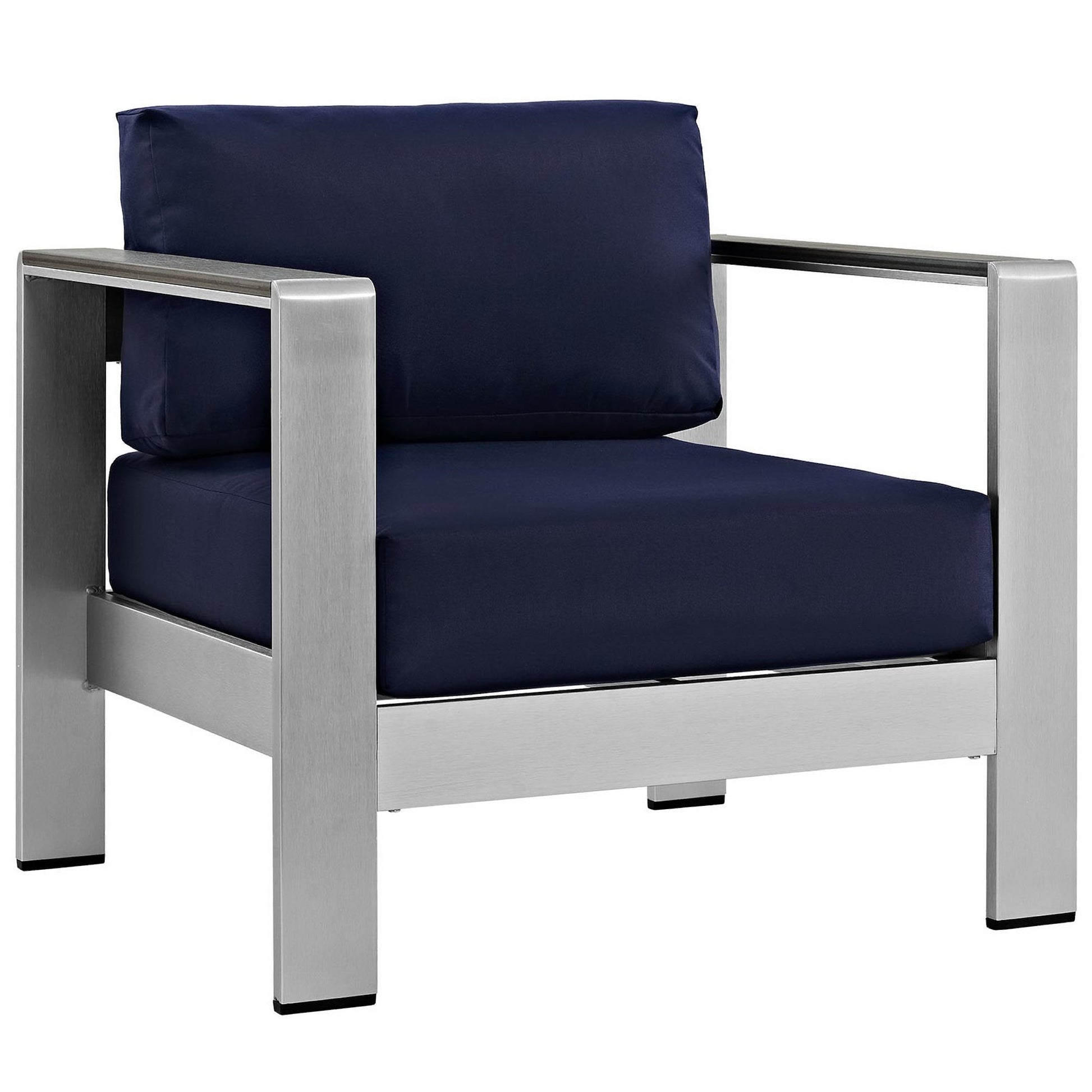 Modern silver aluminum outdoor patio 3-piece set with navy cushions; modular pieces with squared low-profile frames.
