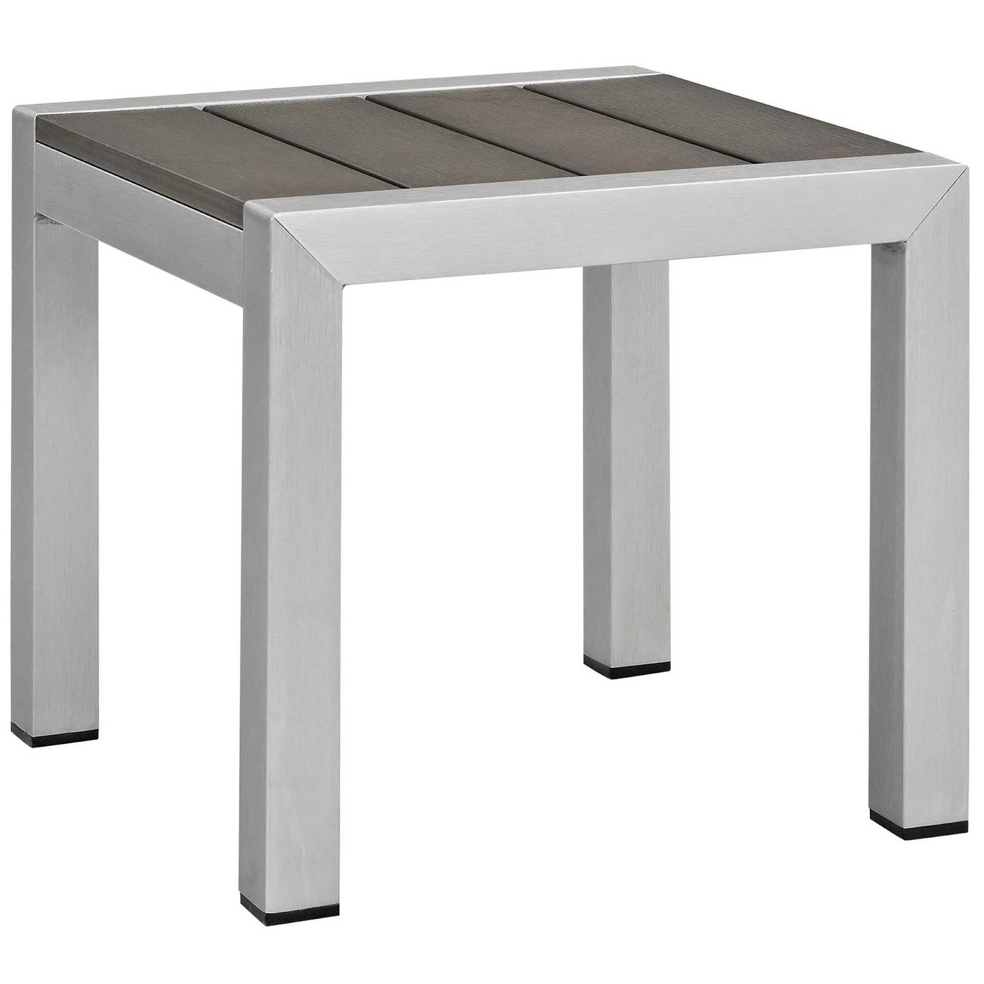 Silver aluminum outdoor square side table with dark gray slatted top, modern industrial style.