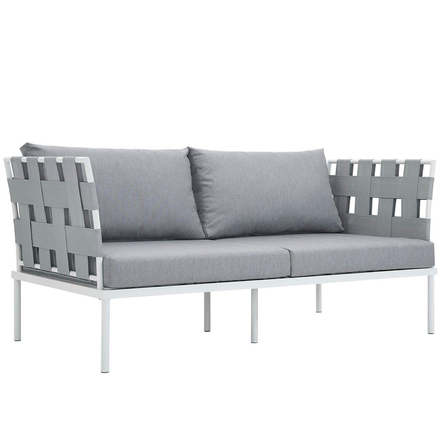 White aluminum outdoor loveseat with gray woven panels and two light gray cushions.