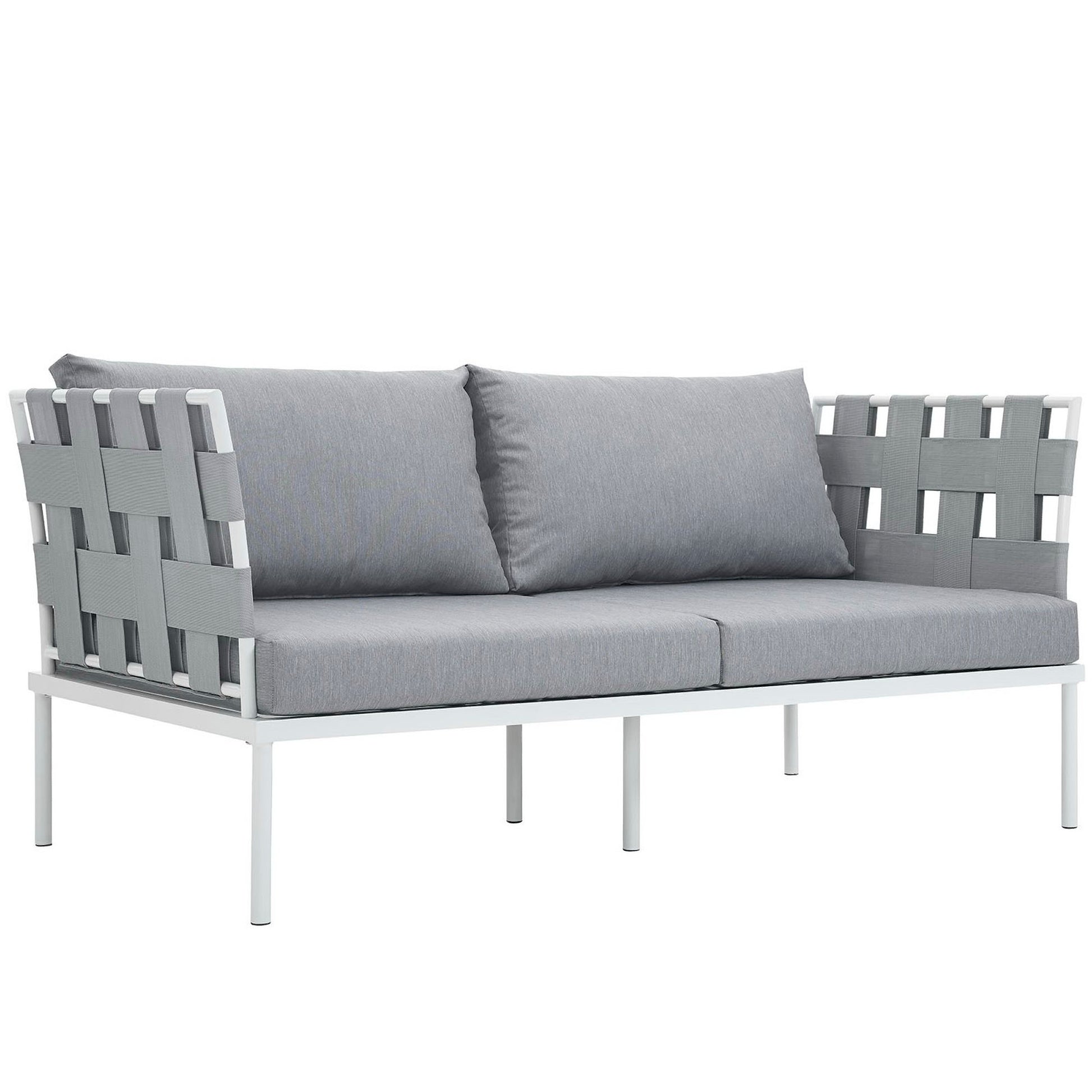 White aluminum outdoor loveseat with gray woven panels and two light gray cushions.