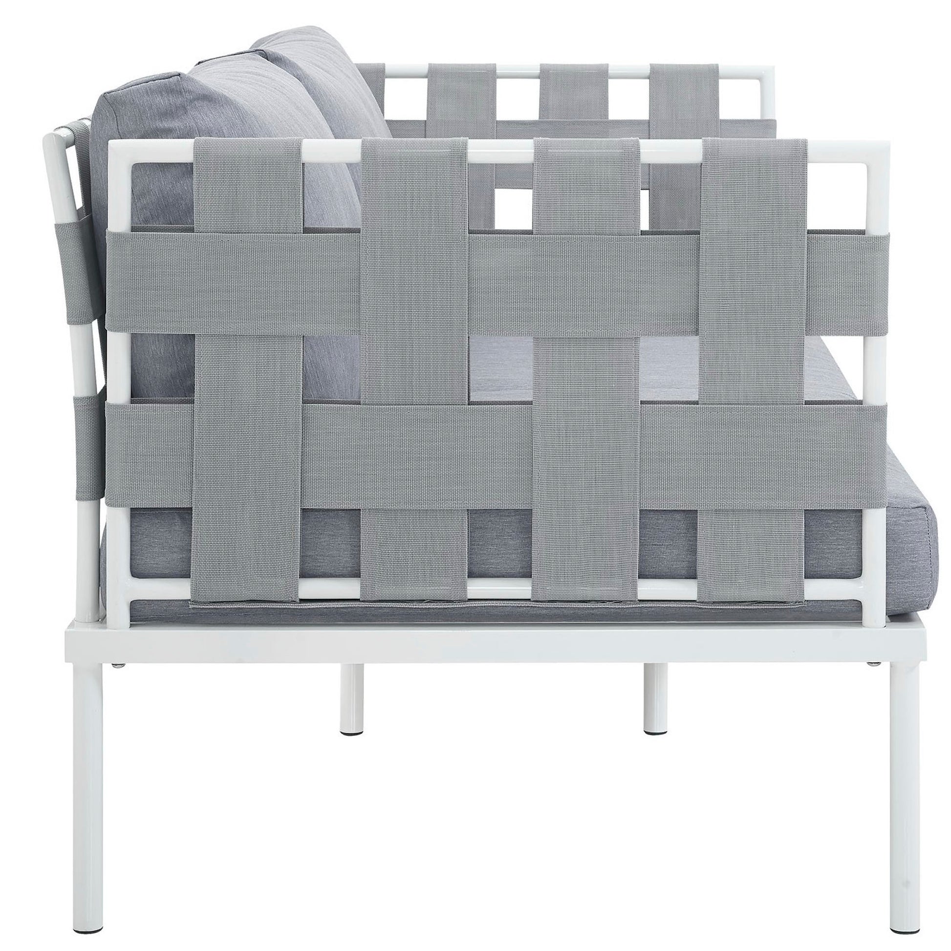 White aluminum outdoor loveseat with gray woven strap back and seat cushions.