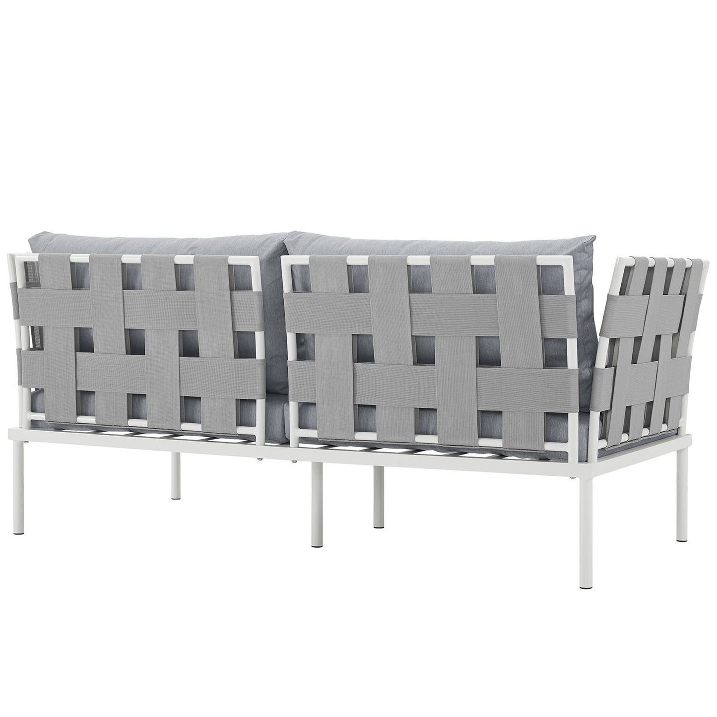 Outdoor aluminum loveseat with gray woven straps and plush gray cushions.
