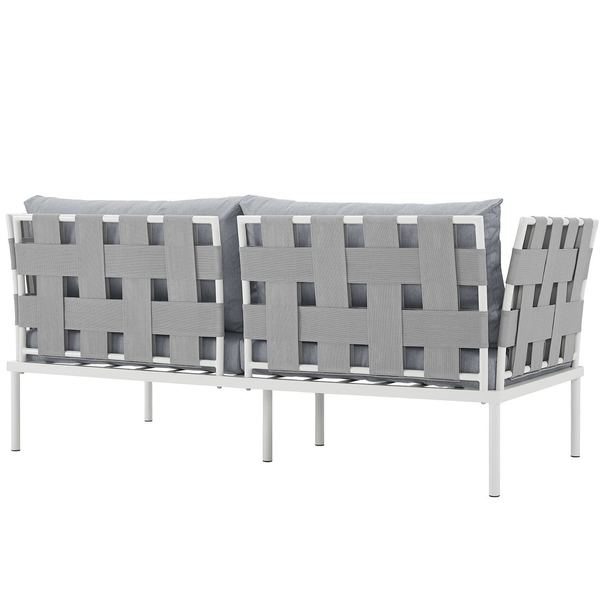 Outdoor aluminum loveseat with gray woven straps and plush gray cushions.