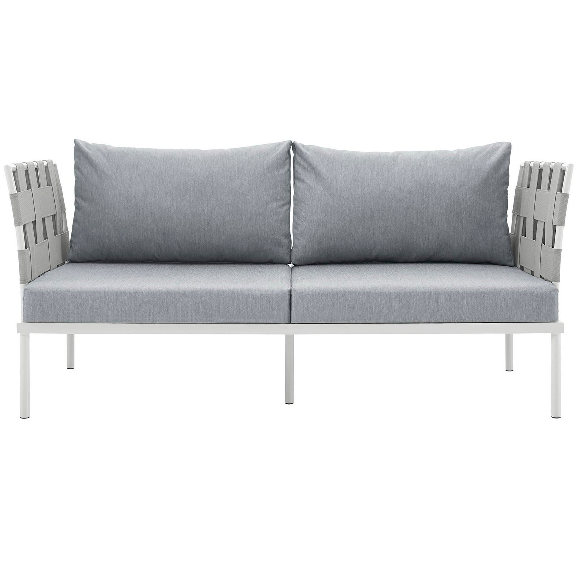 Outdoor two-seat lounge sofa with light gray cushions and white frame, slatted armrests.