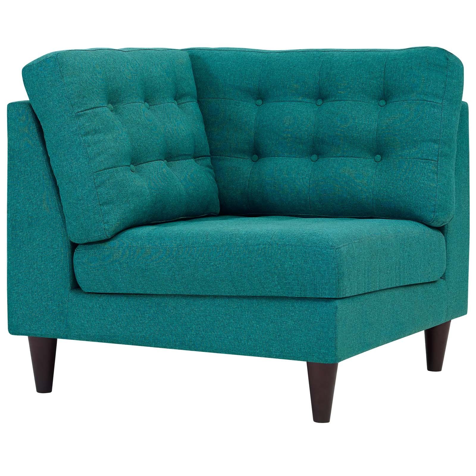 Teal upholstered corner sofa with tufted back & square cushions, dark tapered legs.