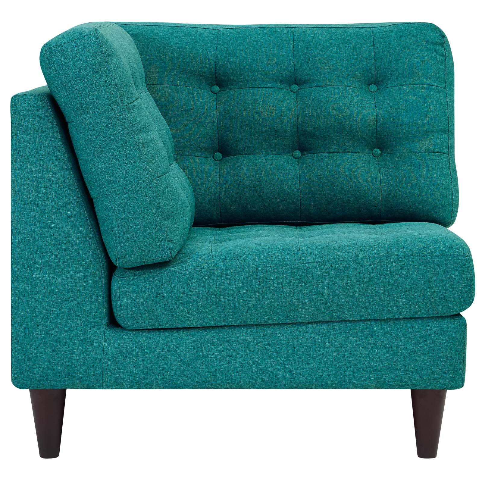Teal fabric corner sofa with tapered dark wood legs and plush cushions.