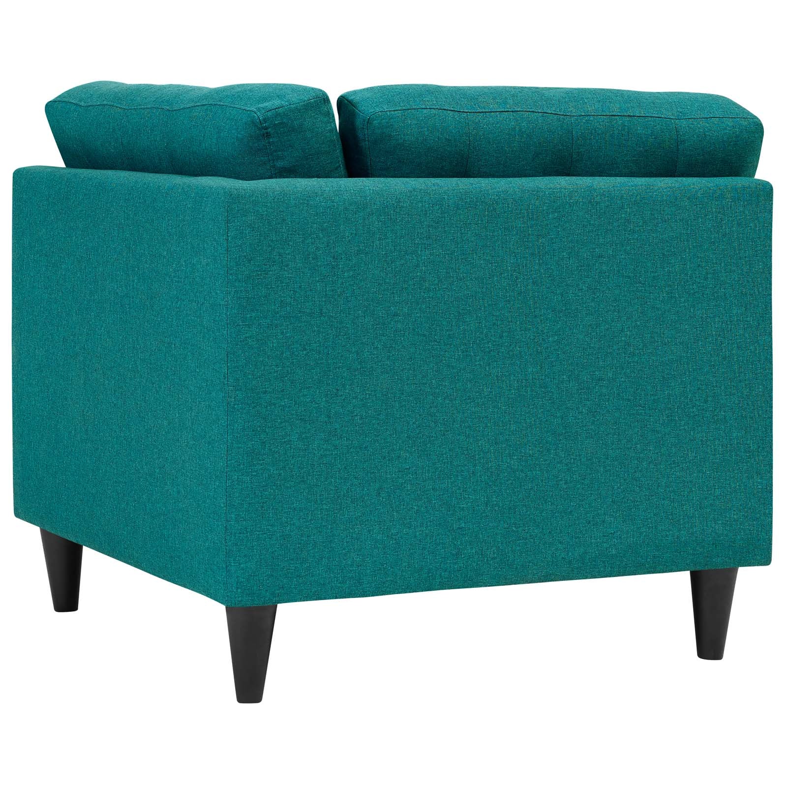 Teal fabric upholstered corner sofa with square arms and dark tapered legs.