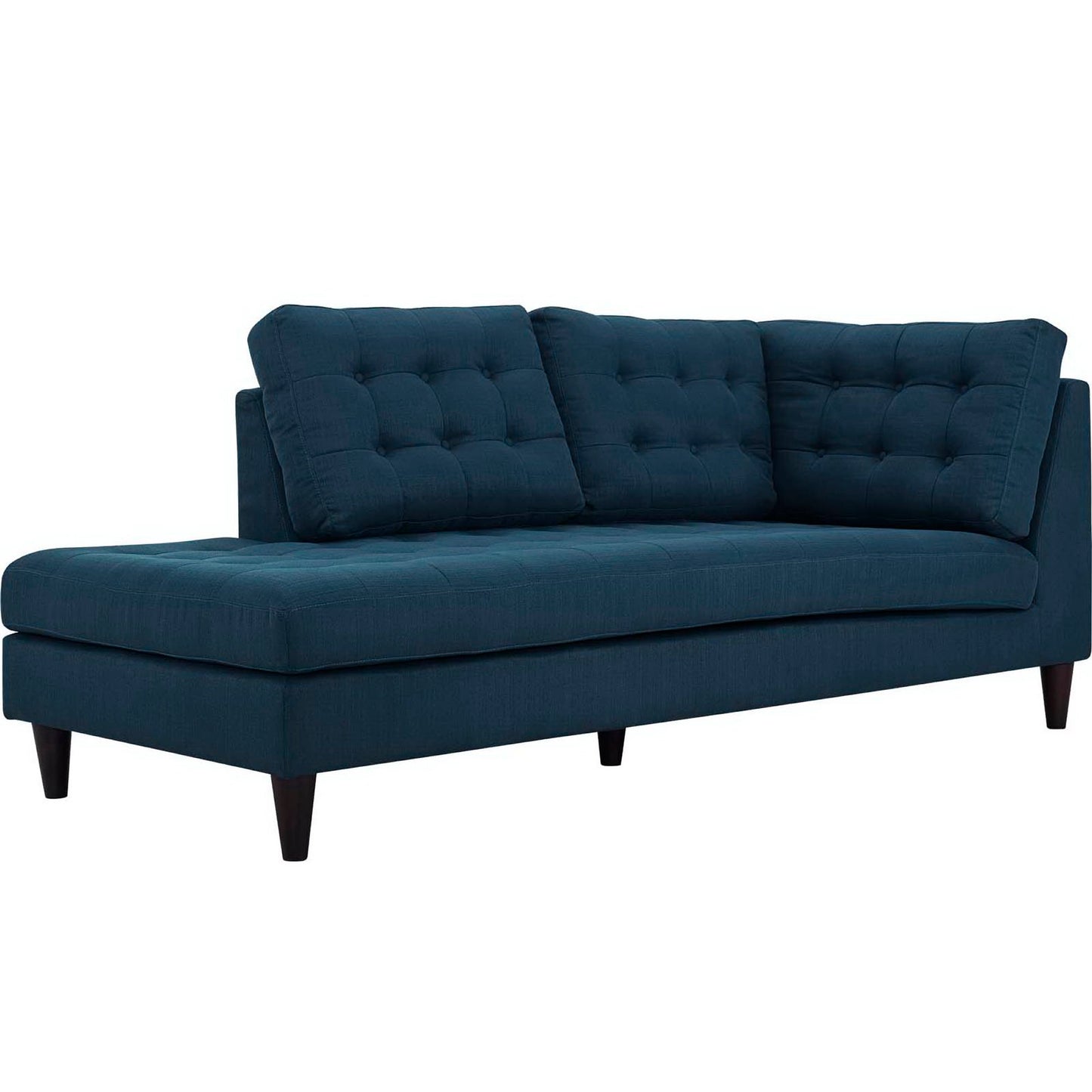 Azure left-facing tufted fabric sectional bumper with three back cushions, low arms, and tapered wooden legs.