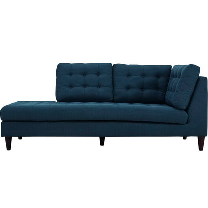 Azure teal tufted fabric left facing bumper with three back cushions, tapered wooden legs, mid-century modern style.
