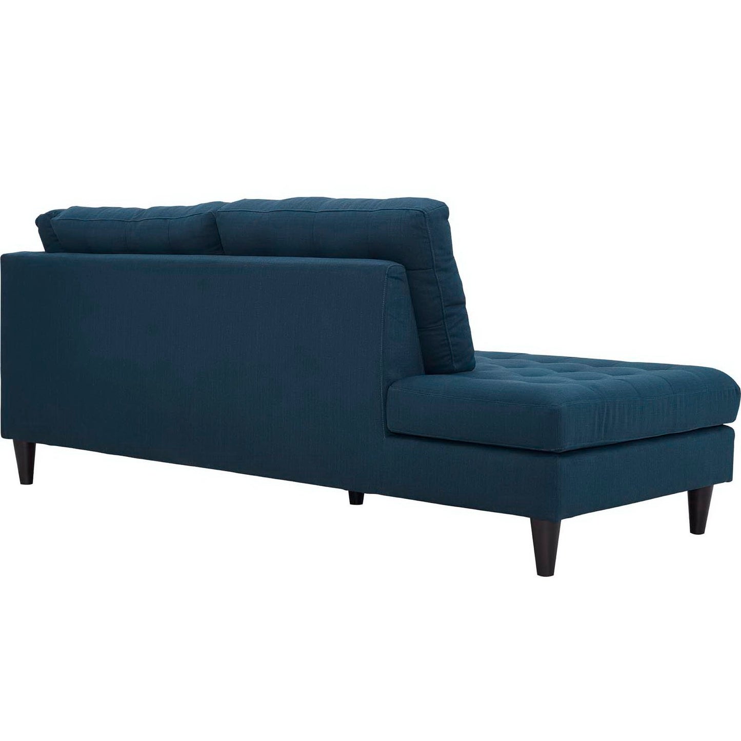 Azure blue tufted fabric left-facing bumper with low back and tapered wooden legs.