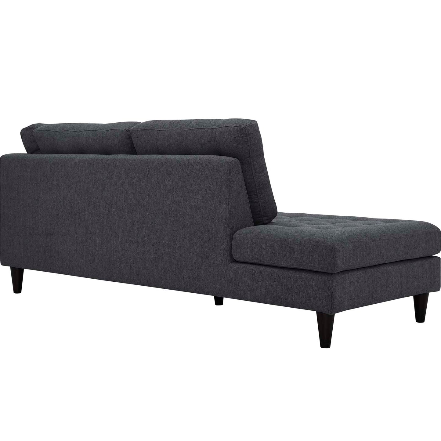 Dark gray fabric sectional sofa with left-side chaise, back cushions, and tapered wooden legs.