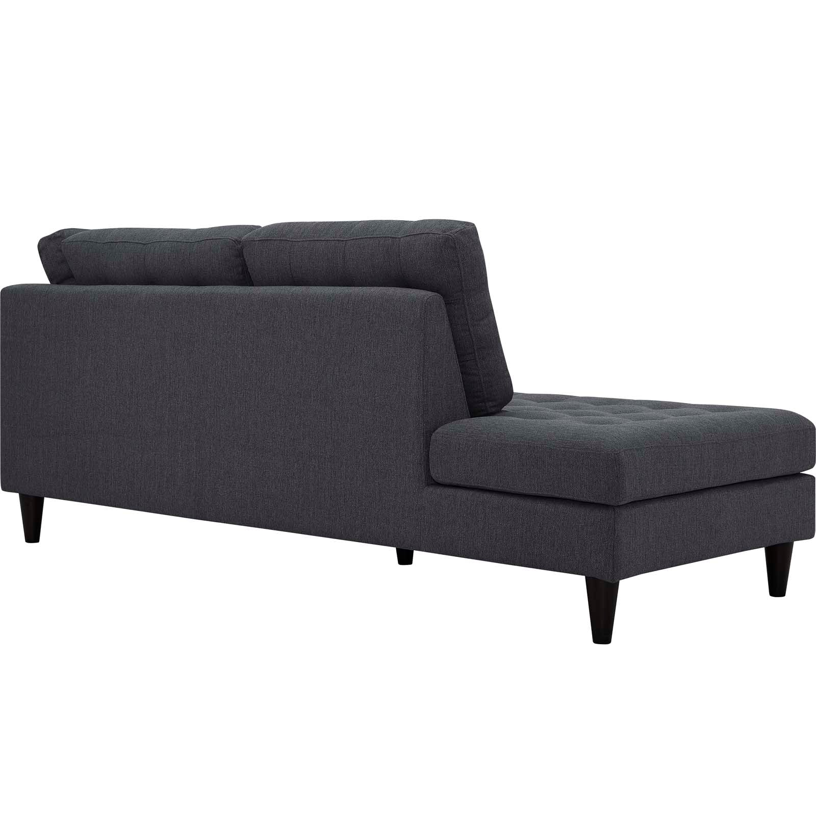 Dark gray fabric sectional sofa with left-side chaise, back cushions, and tapered wooden legs.
