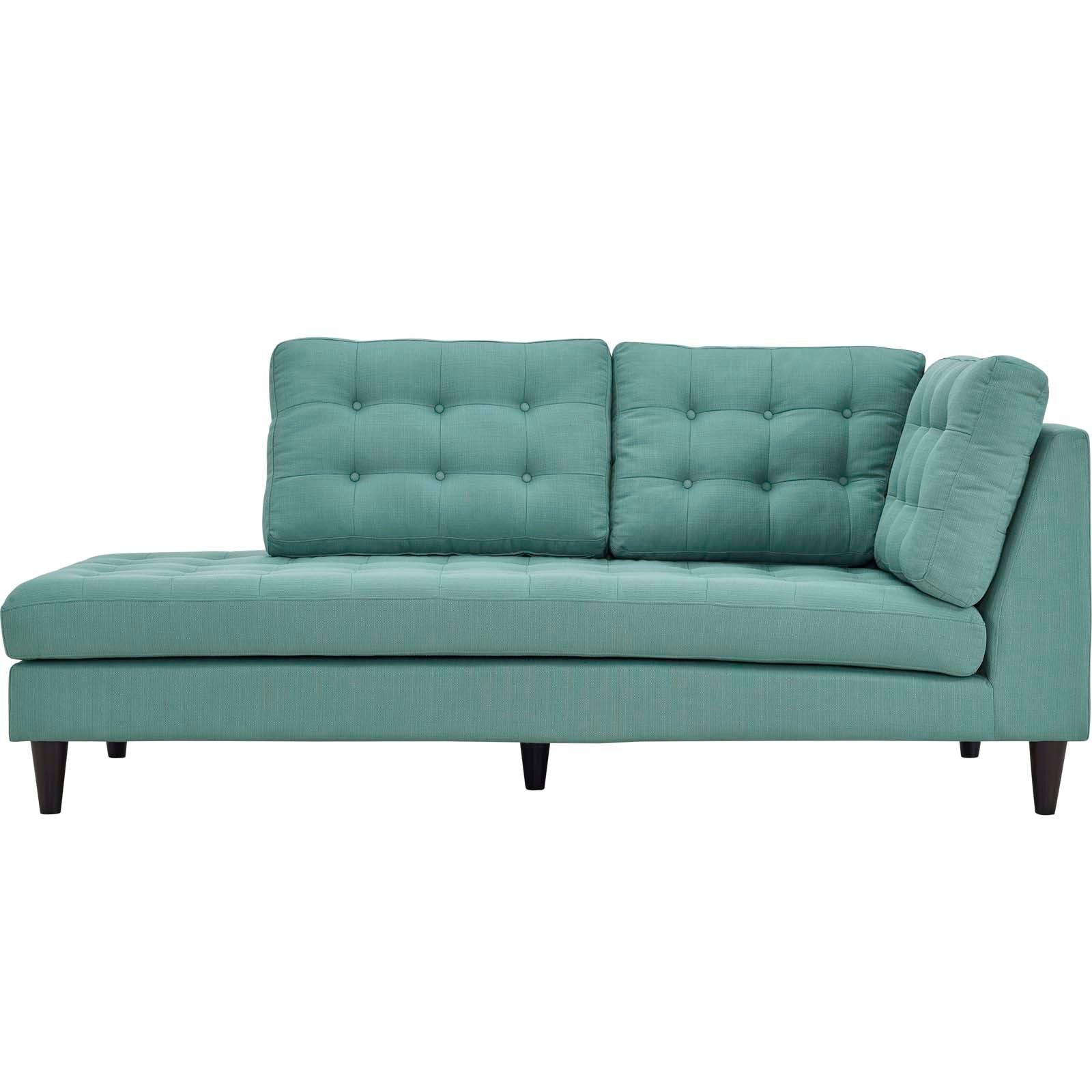 Teal tufted fabric left-facing bumper sofa with two back cushions and dark wooden legs
