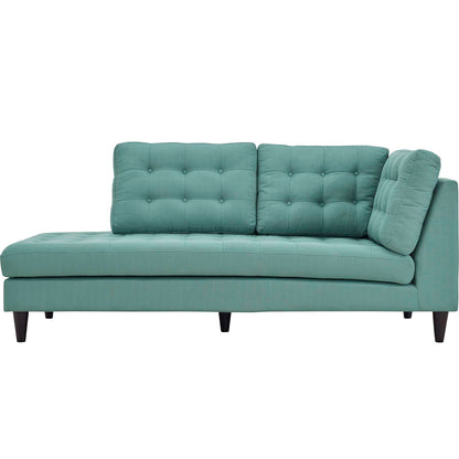 Teal tufted fabric left-facing bumper sofa with two back cushions and dark wooden legs
