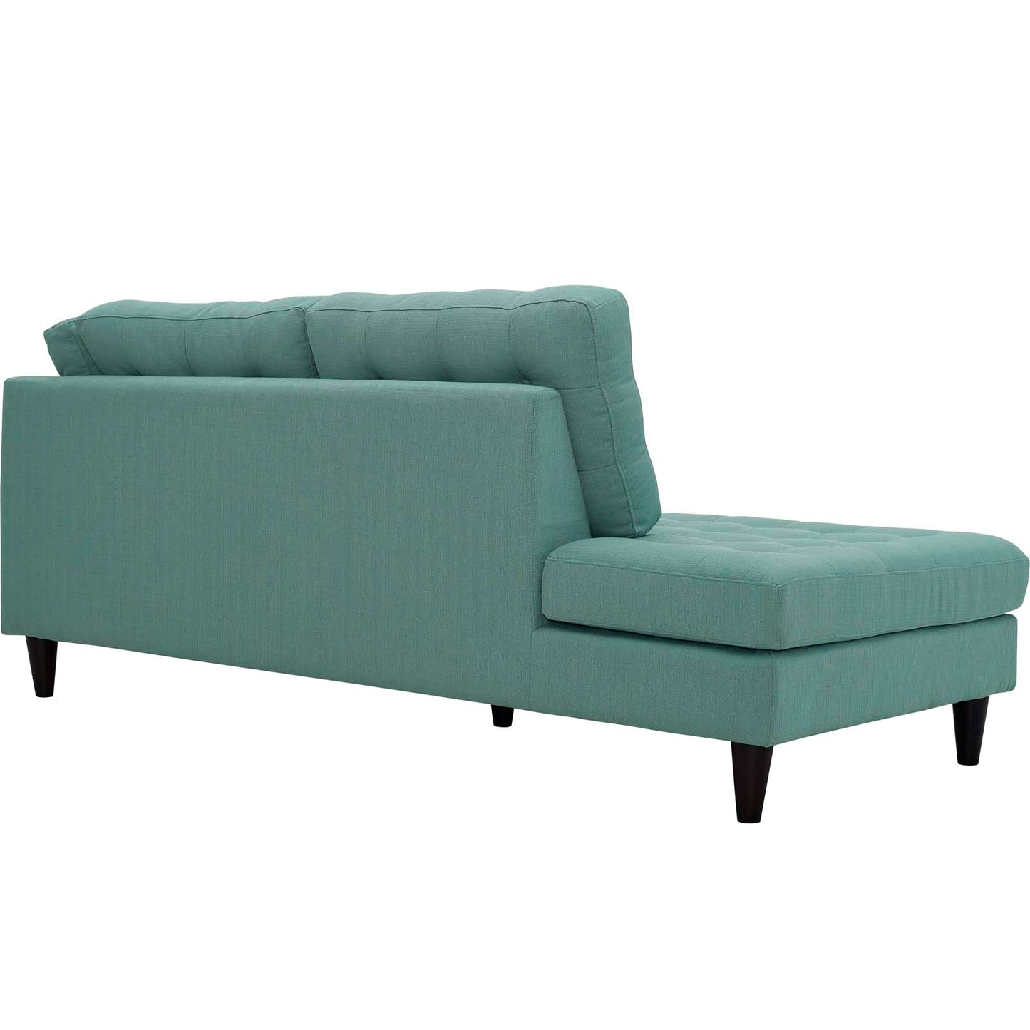 Teal fabric sectional sofa with a left-facing chaise, mid-century legs, and back cushions.