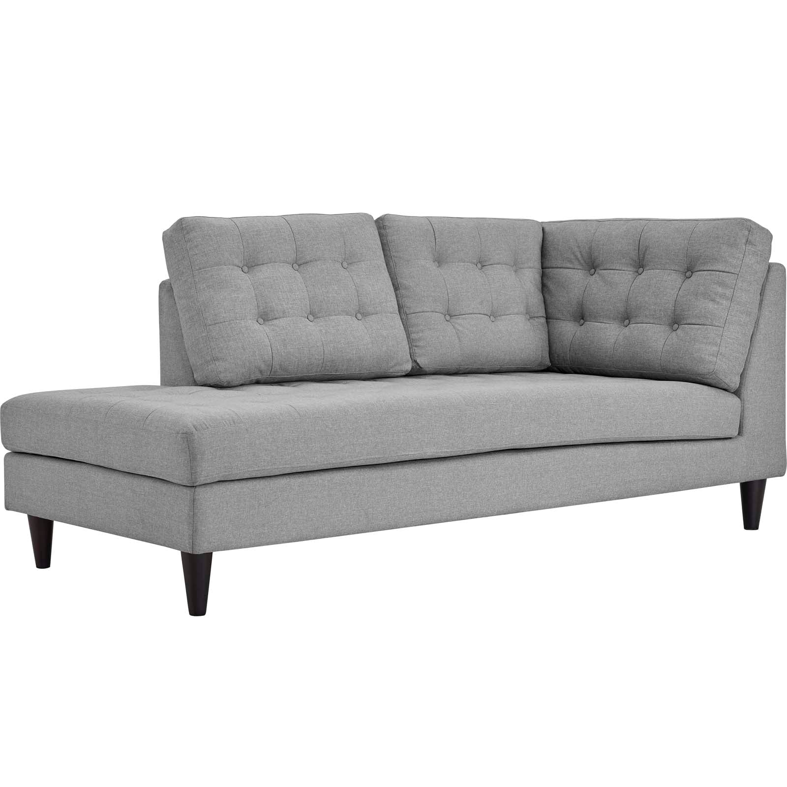 Light gray tufted fabric left-facing sectional bumper with three back cushions, straight arms, and dark tapered legs.