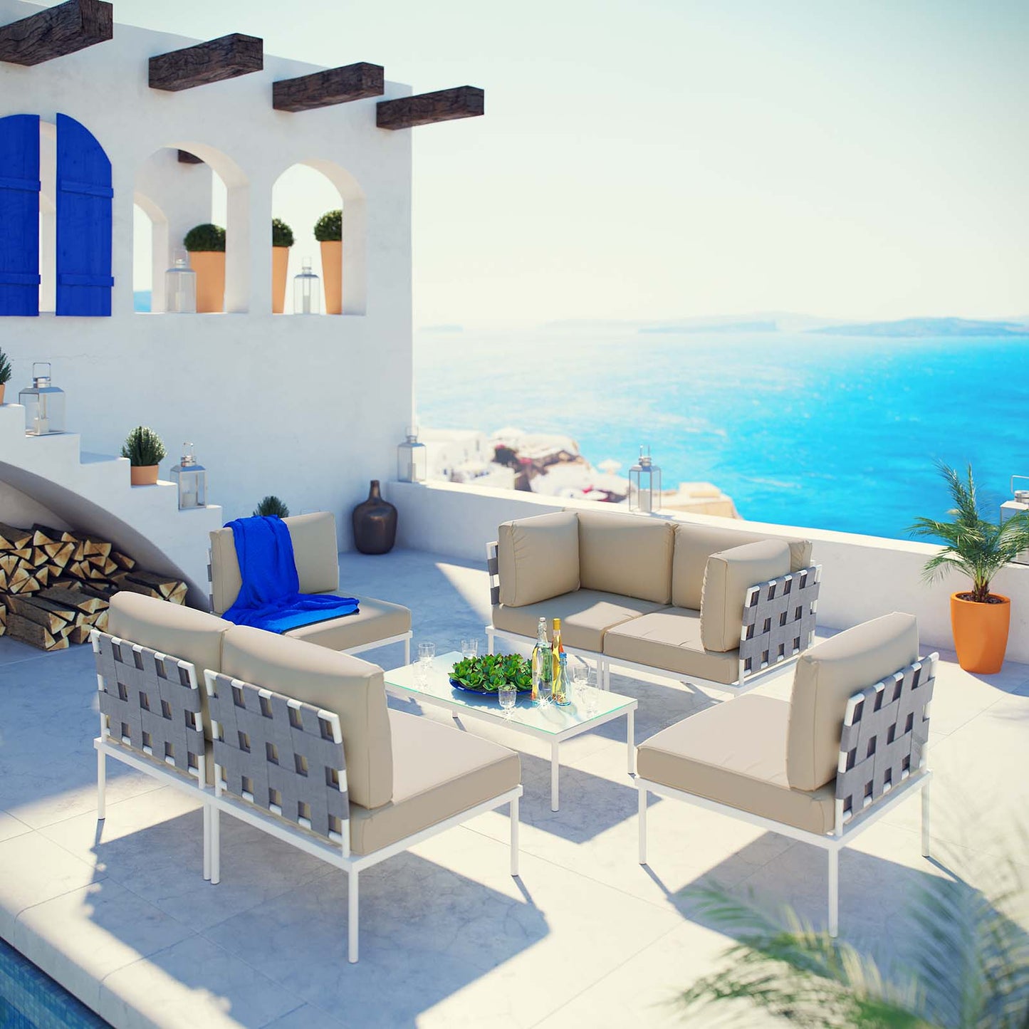 Modway Outlet Harmony 7 Piece Outdoor Patio Aluminum Sectional Sofa Set by Modway  Outdoor Furniture Furniture White Beige - EEI-2617-WHI-BEI-SET