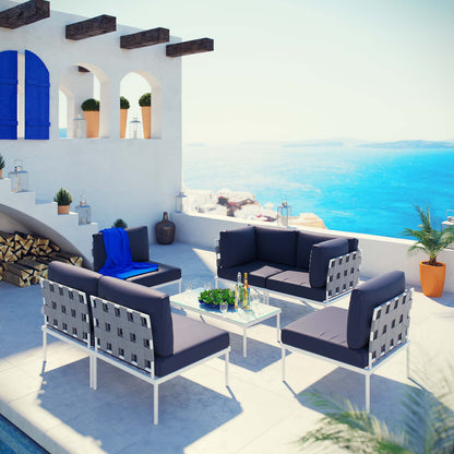 Modway Outlet Harmony 7 Piece Outdoor Patio Aluminum Sectional Sofa Set by Modway  Outdoor Furniture Furniture White Navy - EEI-2617-WHI-NAV-SET