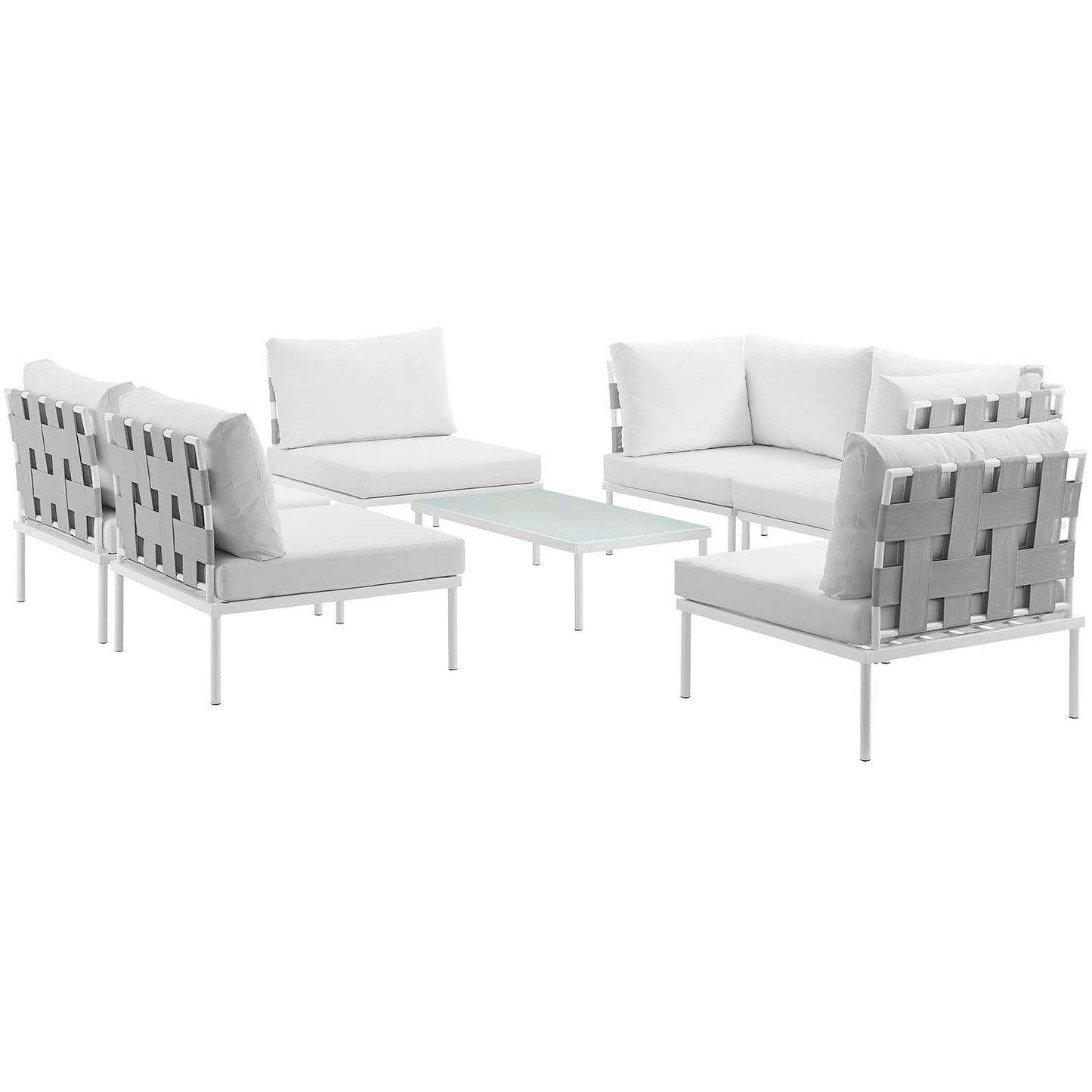 White outdoor 7-piece aluminum sectional sofa set with gray woven backrests, plush cushions, and a pale green glass-top coffee table