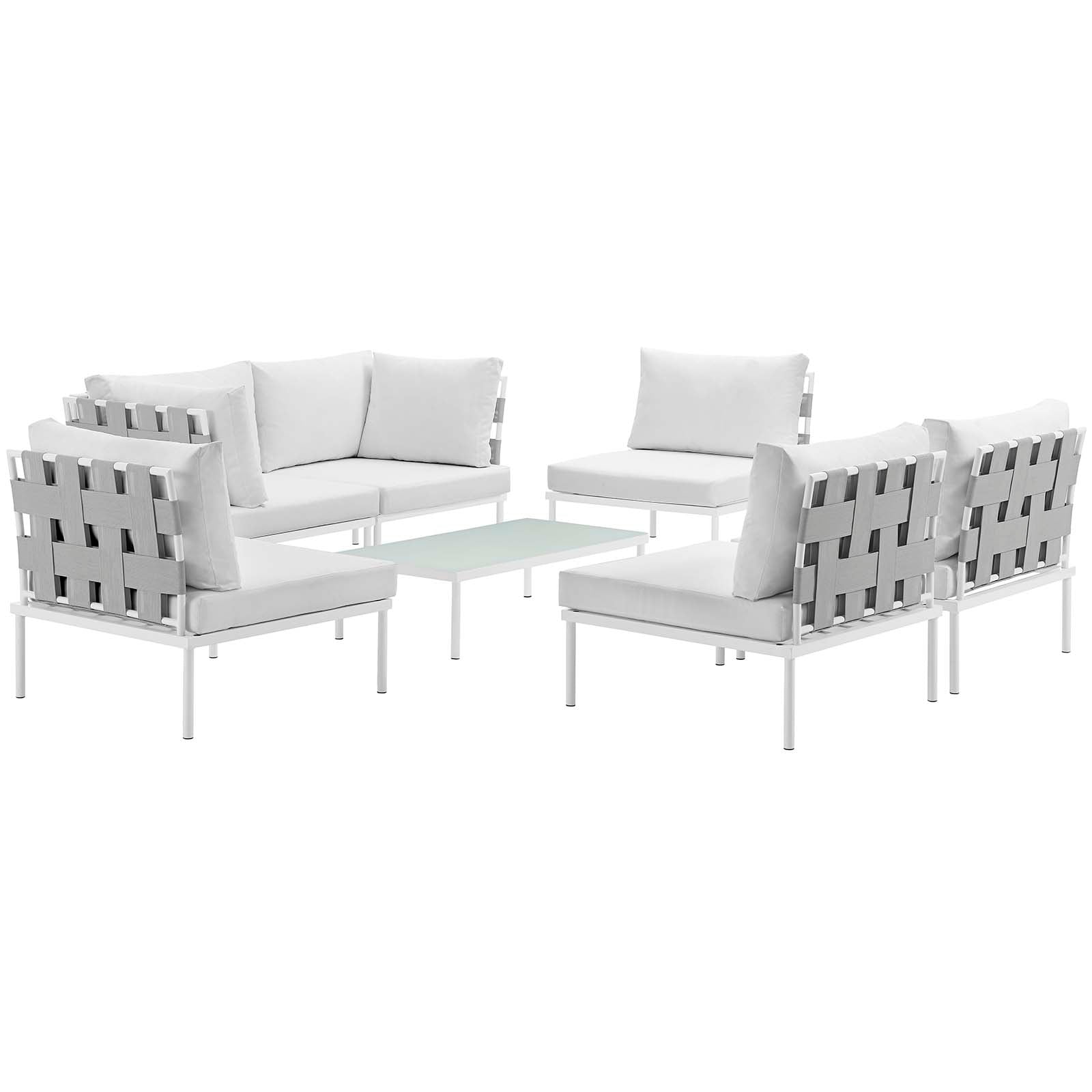 White aluminum outdoor sectional sofa set with gray cushions and a glass-top coffee table.