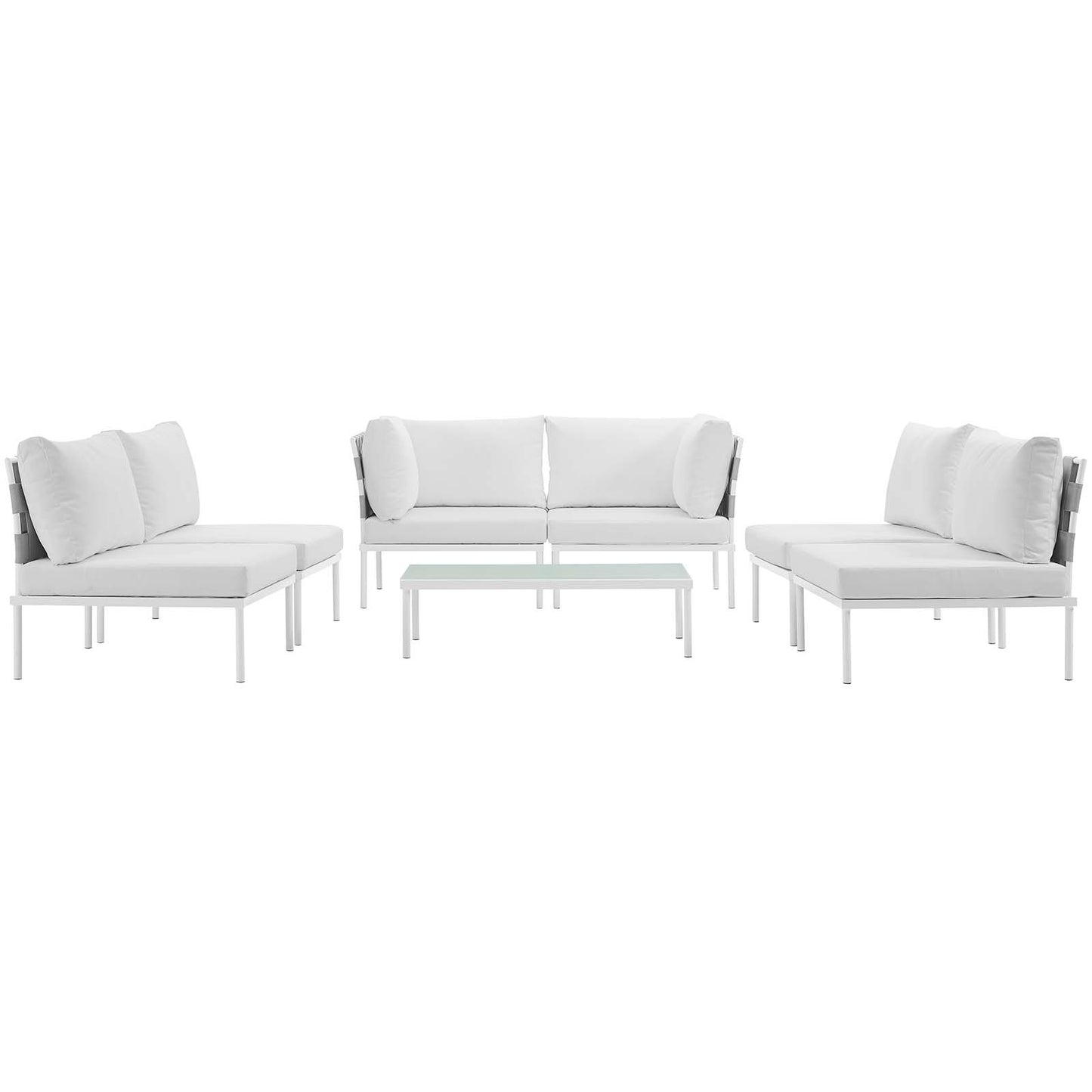 White outdoor sectional sofa set with glass-top coffee table; aluminum frame and light cushions.