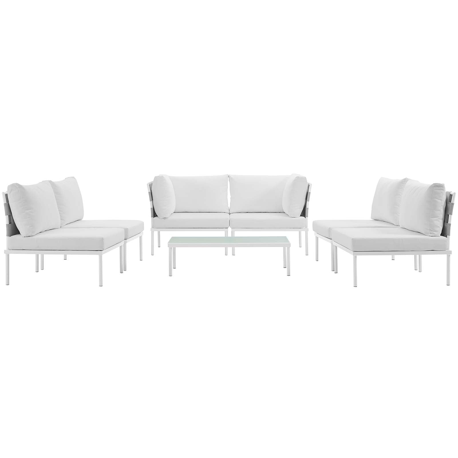 White outdoor sectional sofa set with glass-top coffee table; aluminum frame and light cushions.