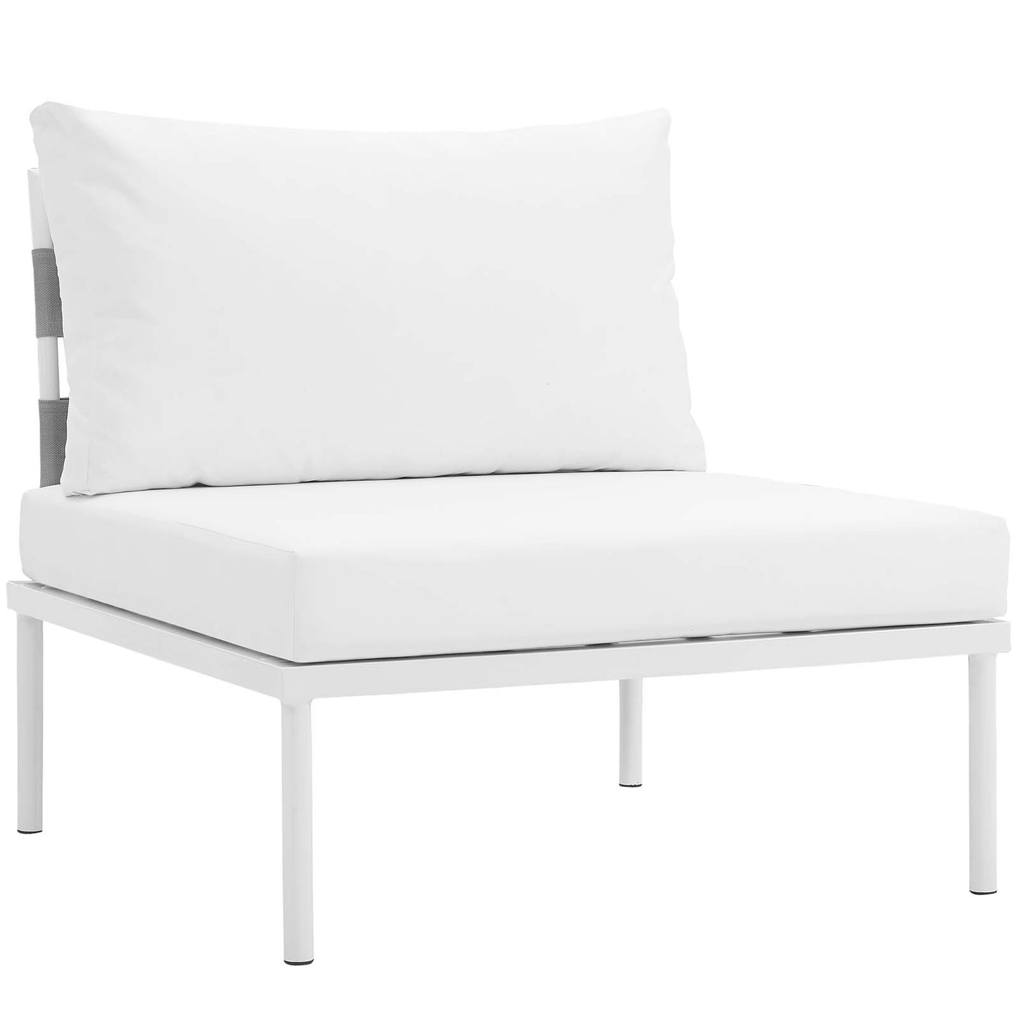 White outdoor aluminum 7-piece sectional sofa set with thick cushions.