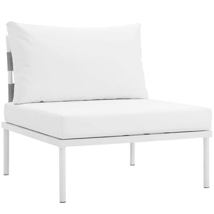 White outdoor aluminum 7-piece sectional sofa set with thick cushions.