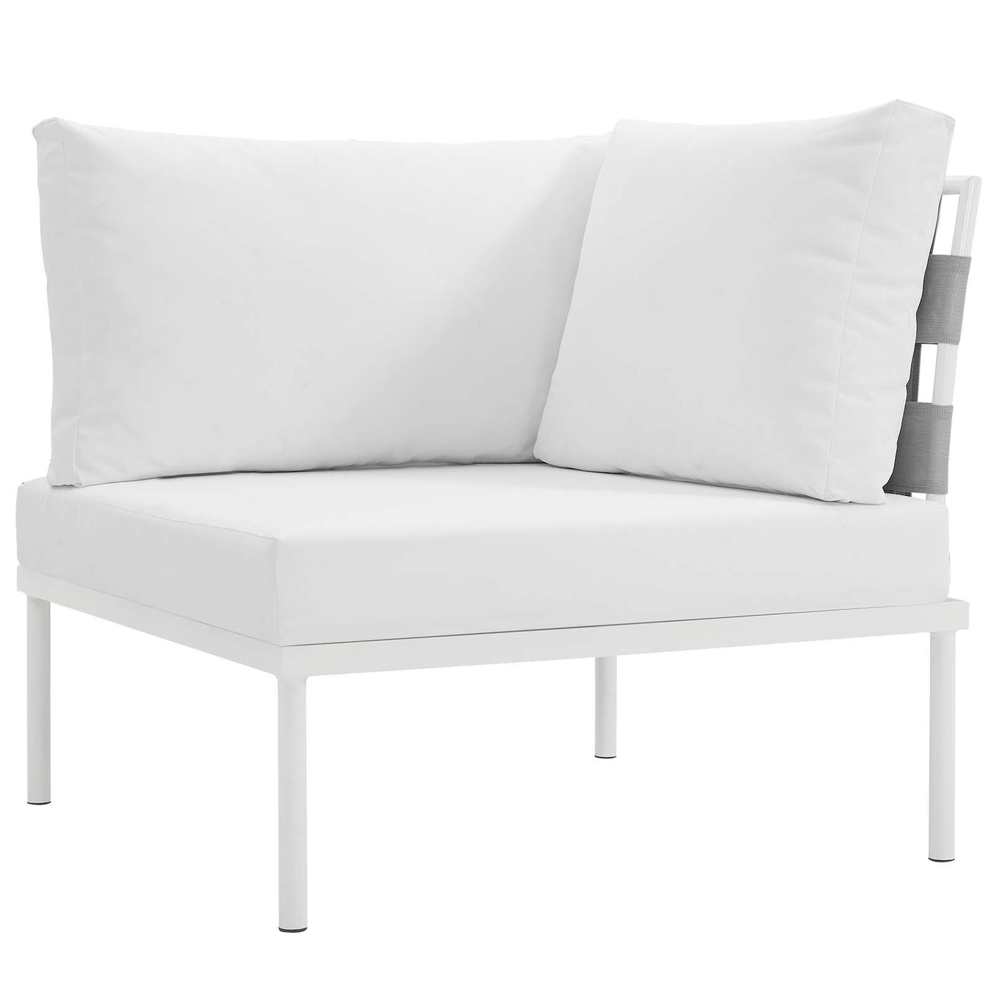 White aluminum outdoor sectional sofa set with thick white cushions and grey strap accents for a modern patio look.