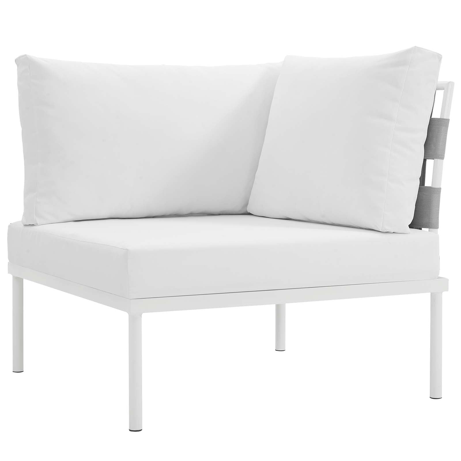 White aluminum outdoor sectional sofa set with thick white cushions and grey strap accents for a modern patio look.