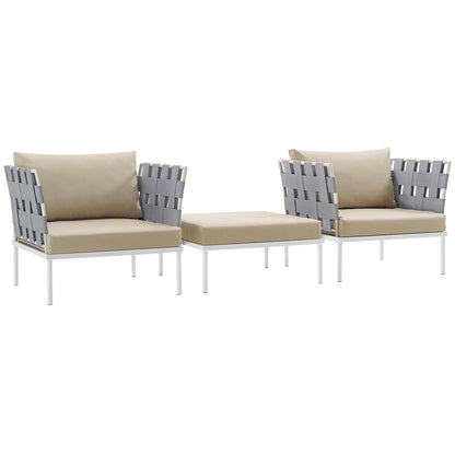 Outdoor aluminum sectional sofa set with a white frame, gray woven backs & beige cushions; three-piece modular lounge set.