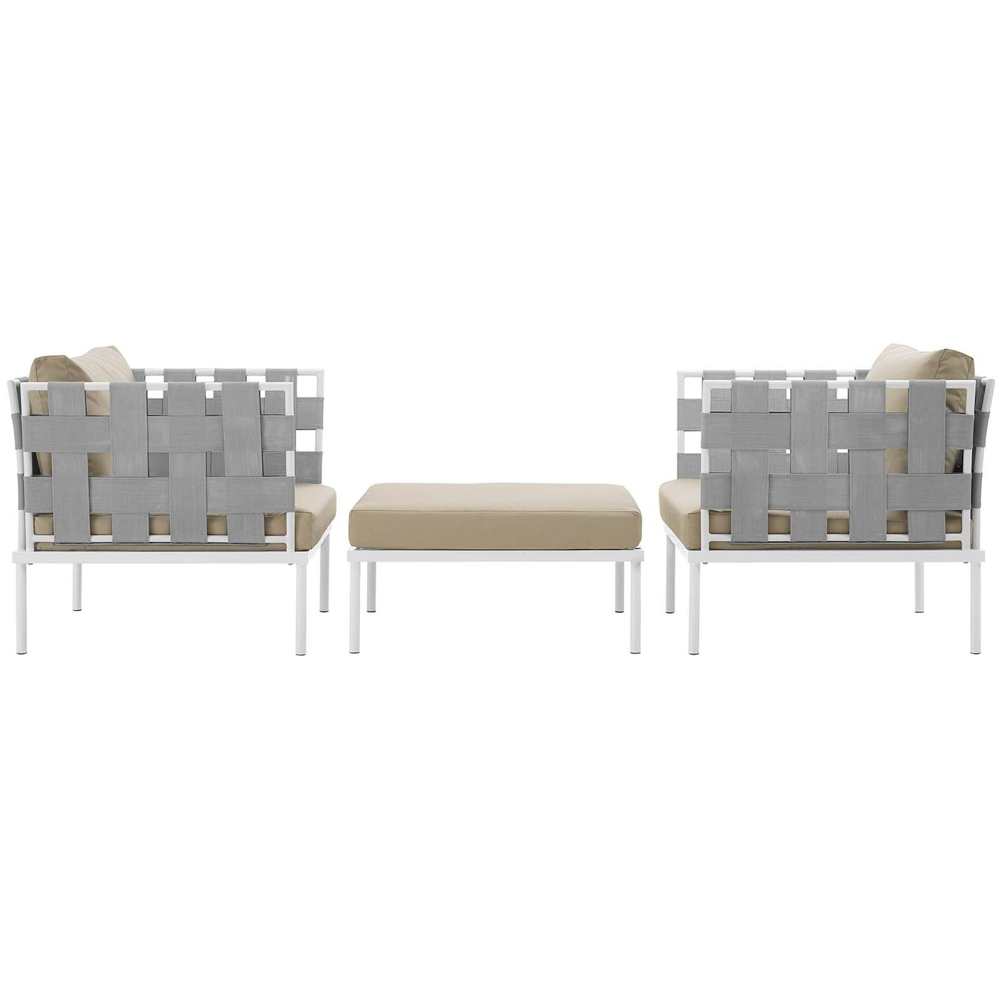 White aluminum outdoor 3-piece sectional sofa set with beige cushions.