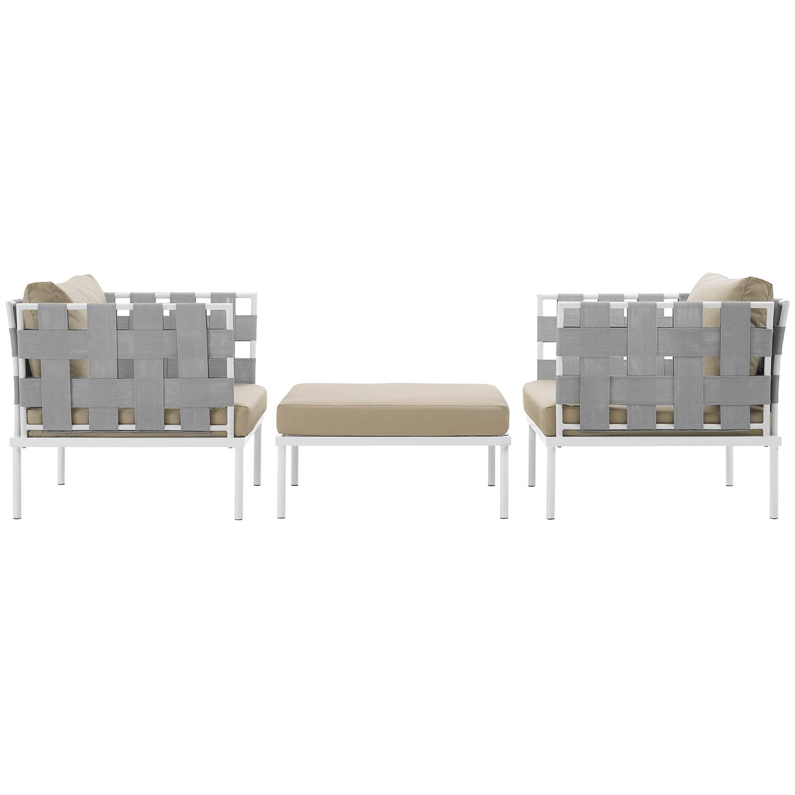 White aluminum outdoor 3-piece sectional sofa set with beige cushions.