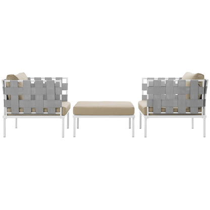 White aluminum outdoor 3-piece sectional sofa set with beige cushions.
