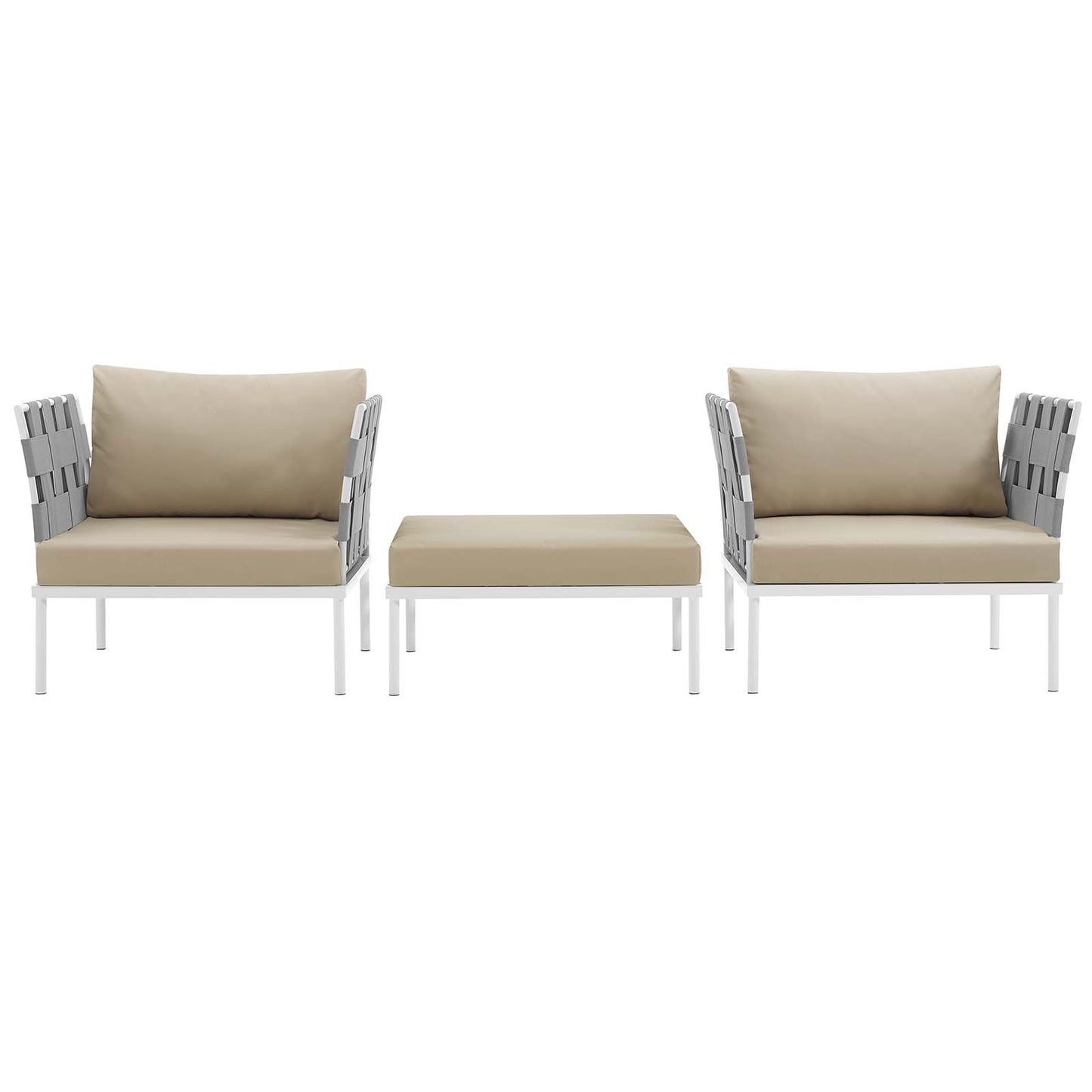 White metal outdoor lounge set with two armchairs, beige cushions, and a matching beige ottoman.