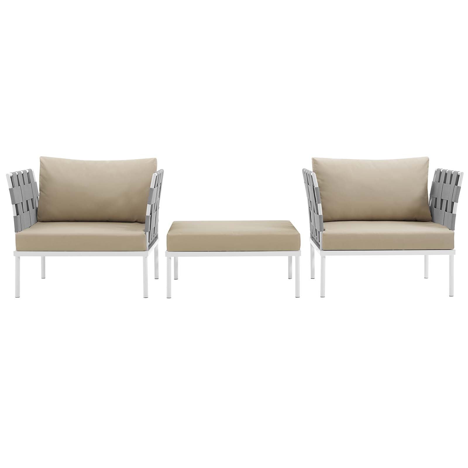 White metal outdoor lounge set with two armchairs, beige cushions, and a matching beige ottoman.