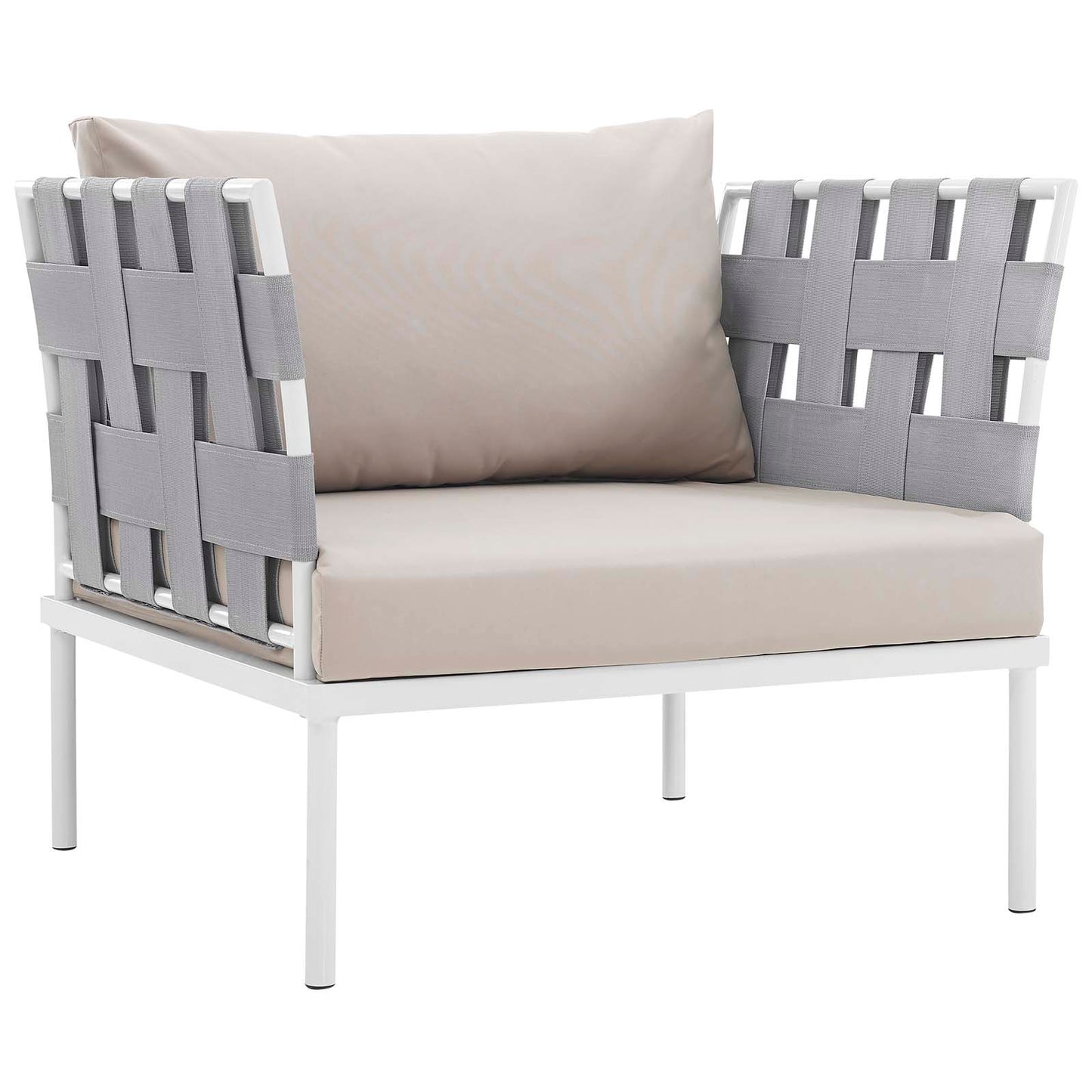 Outdoor 3-piece aluminum sectional sofa set with white frames and beige cushions.