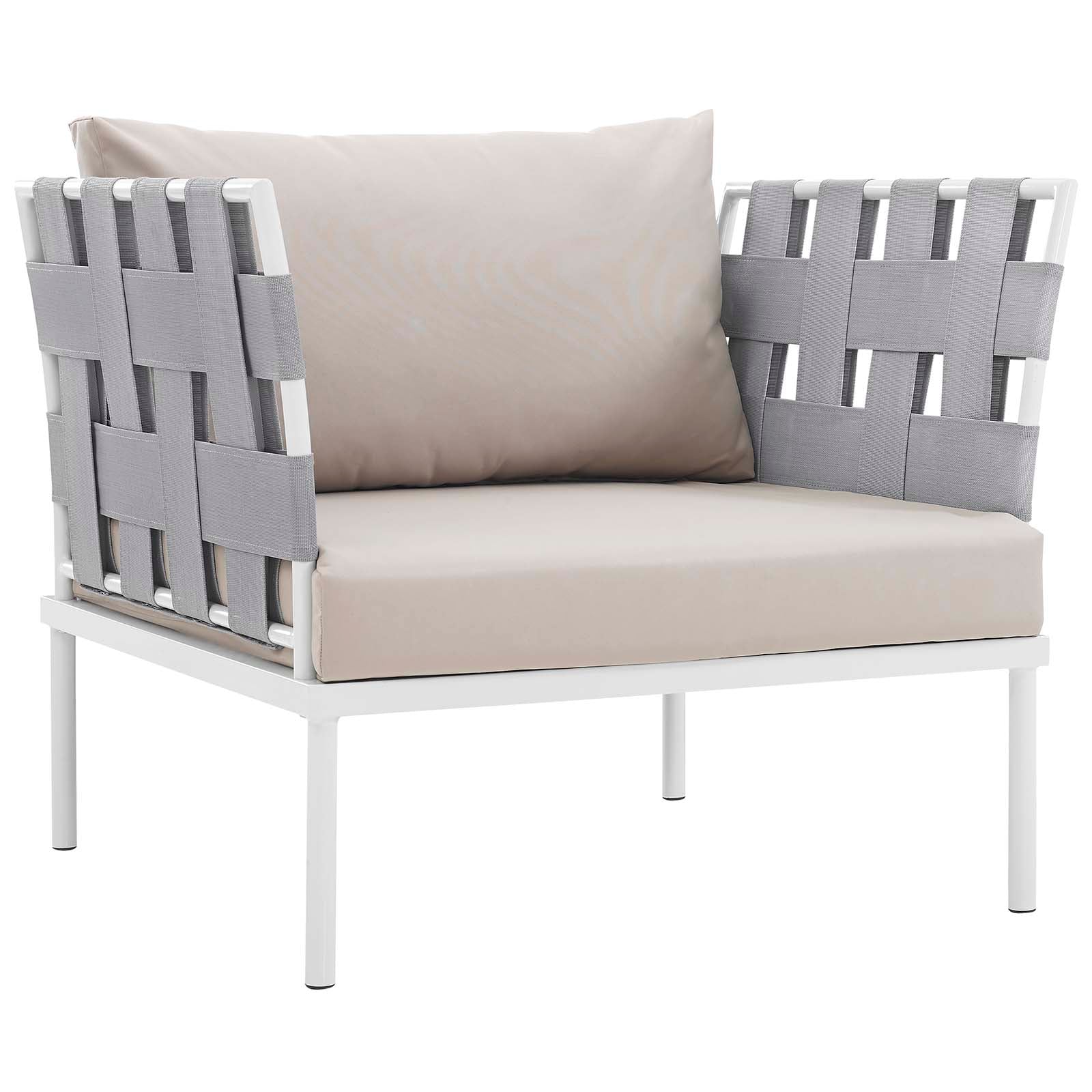 Outdoor 3-piece aluminum sectional sofa set with white frames and beige cushions.