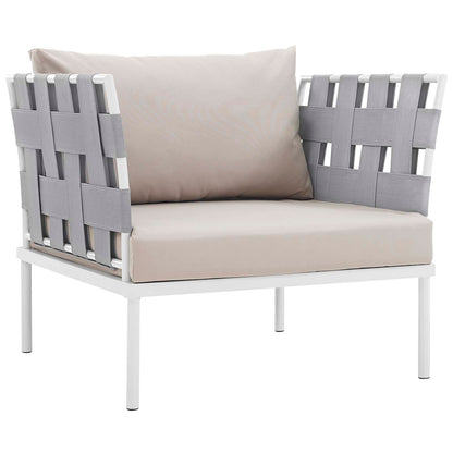 Outdoor 3-piece aluminum sectional sofa set with white frames and beige cushions.
