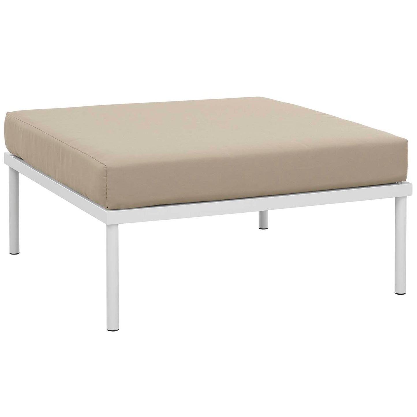 White aluminum-framed 3-piece outdoor patio sectional sofa set with beige cushions.