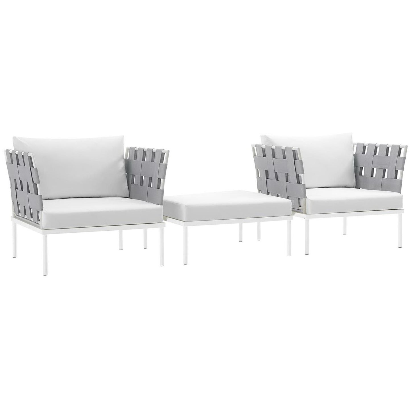 White outdoor patio seating set with two armchairs, a matching ottoman, gray woven backs, and light gray cushions.