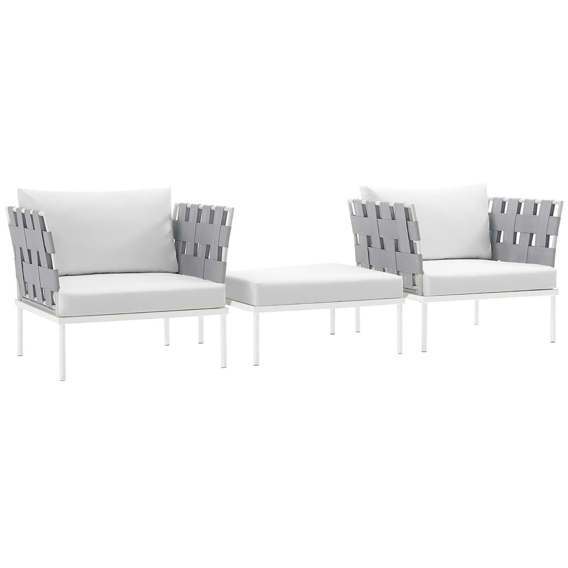 White outdoor patio seating set with two armchairs, a matching ottoman, gray woven backs, and light gray cushions.