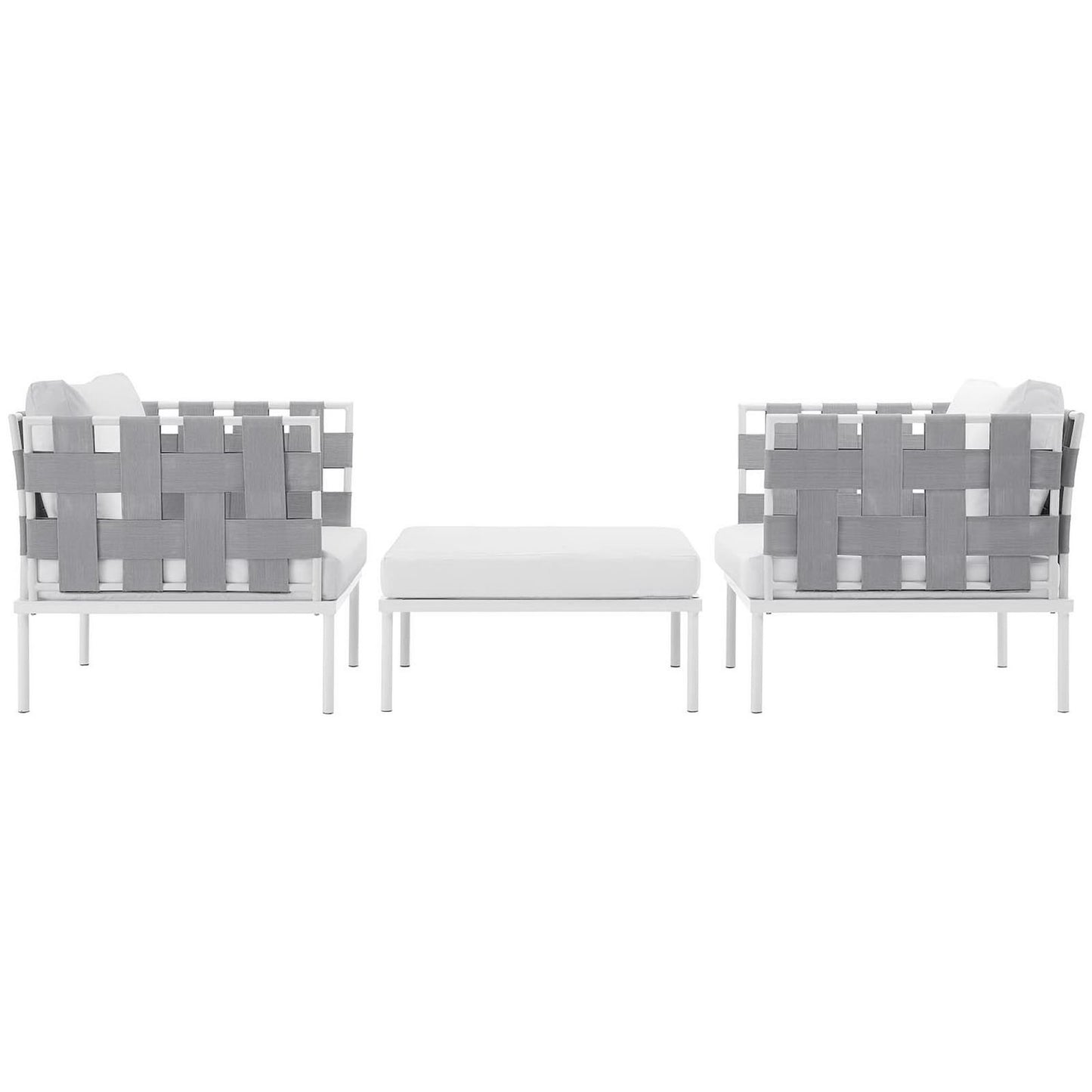 White aluminum outdoor 3-piece sectional sofa set with white cushions and gray woven straps; includes two seats and a matching white ottoman.