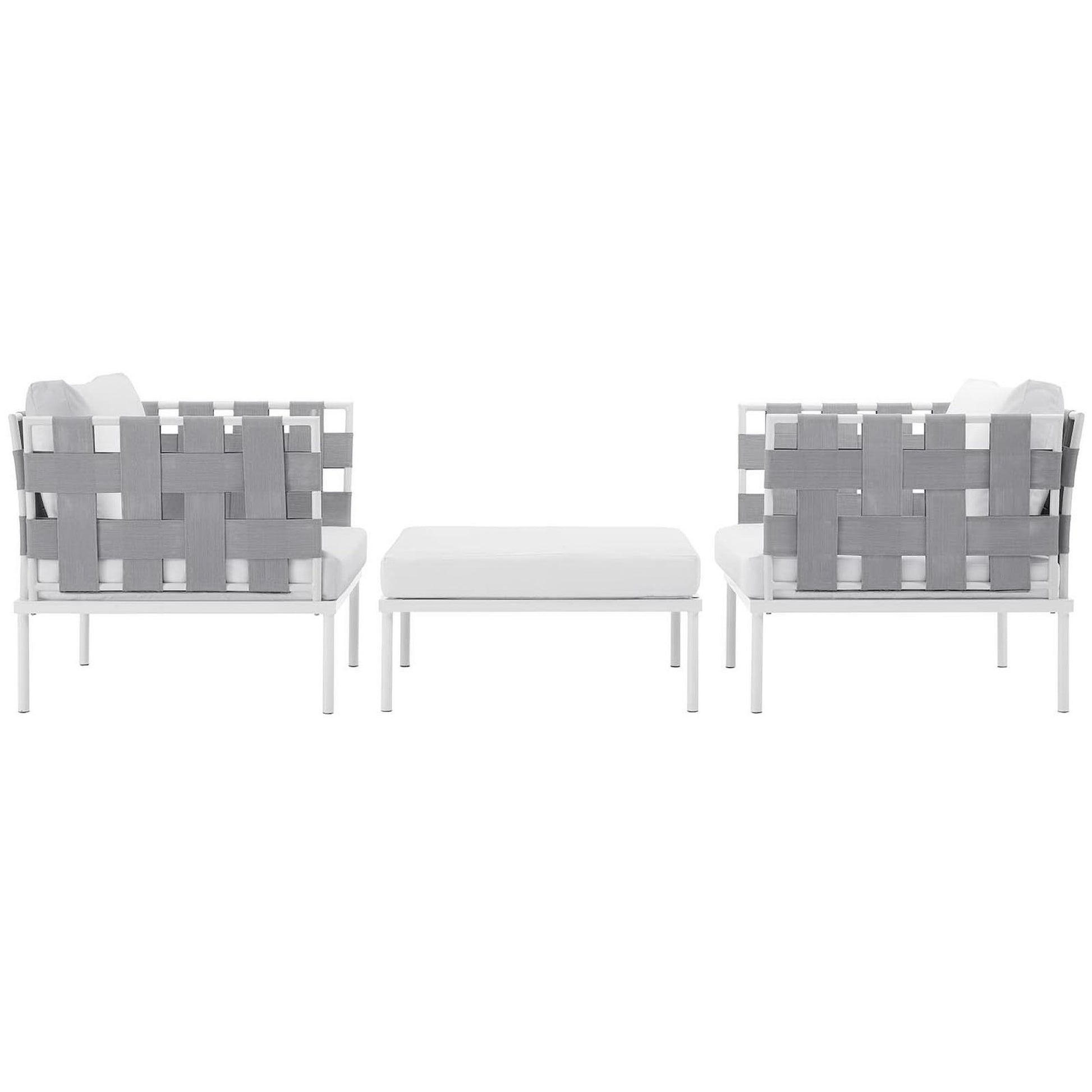 White aluminum outdoor 3-piece sectional sofa set with white cushions and gray woven straps; includes two seats and a matching white ottoman.