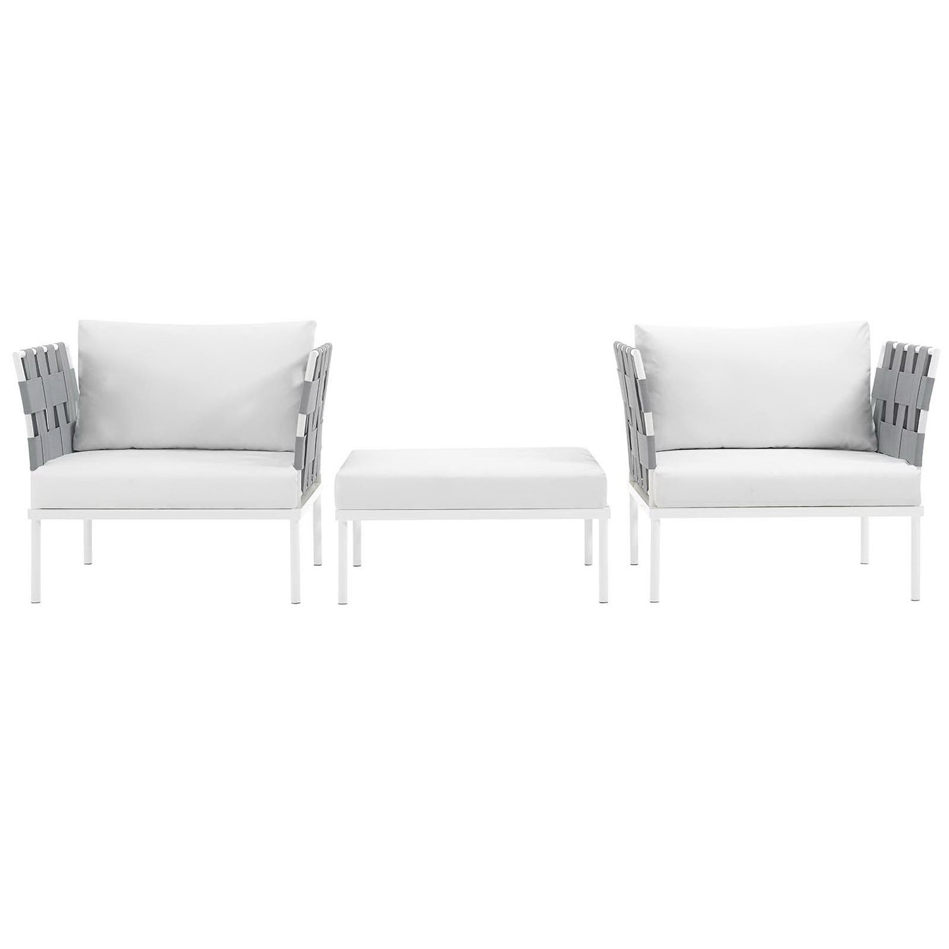 White outdoor aluminum 3-piece sectional sofa set with cushioned seating.