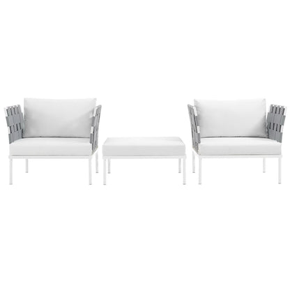 White outdoor aluminum 3-piece sectional sofa set with cushioned seating.