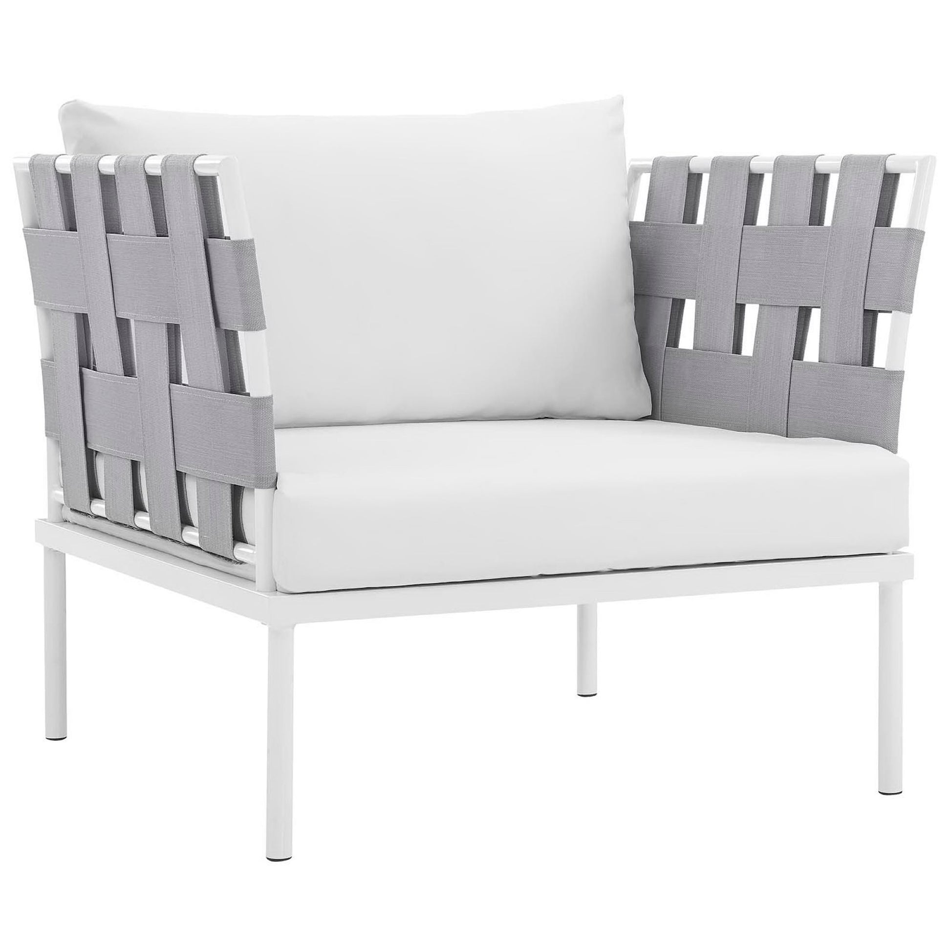 White outdoor aluminum 3-piece sectional sofa set with plush white cushions.