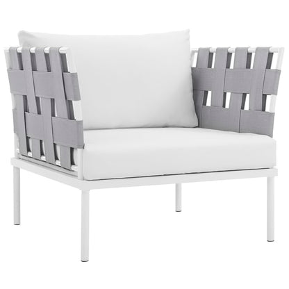 White outdoor aluminum 3-piece sectional sofa set with plush white cushions.