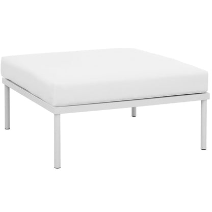 White aluminum-frame outdoor patio 3-piece sectional sofa set with plush cushions.